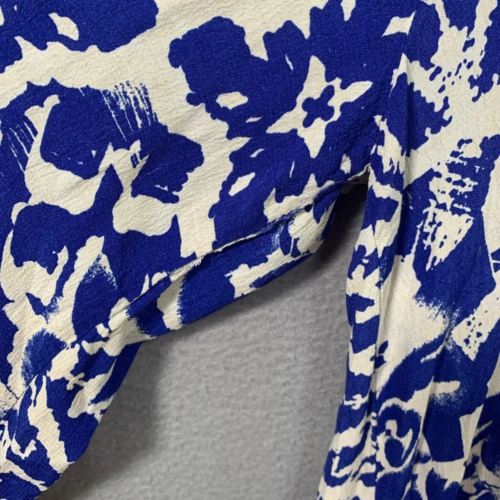Zara‎ Women's Blue White Geometric V-Neck Balloon Sleeve Fit & Flare Dress XS